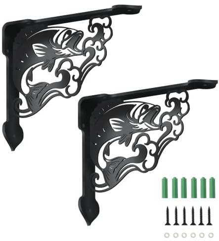SUPERDANT 2 Stück Fisch Und Wellen Regal Konsolen 21x17.2cm Schwere Fisch Regalhalterungen Dekorative Regalträger Schwarze Eisen Konsolen Für Regale Für Bücherregal Kamin Haus Garten Hauswärmegeschenk
