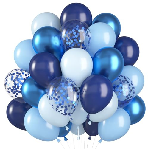 Blaue Luftballon, 60 Stück Luftballons Geburtstag Blau Hellblau, Navy Blaue Ballon mit Metallic Blau Konfetti Helium Ballons für Junge Babyshower Geburtstag Hochzeit Babyparty Jugendweihe Deko
