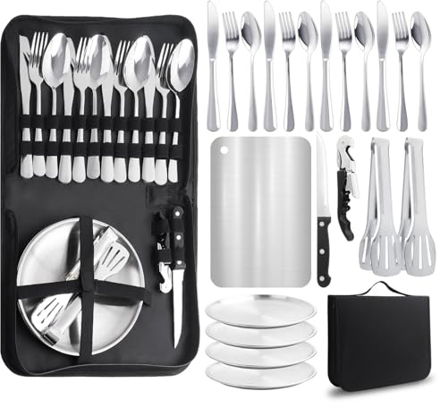 Set di posate da campeggio per 4 persone, 22 posate da campeggio portatili, posate da campeggio con cucchiaio, forchetta, coltello, clip per piatti in acciaio inossidabile 304, portaposate da picnic