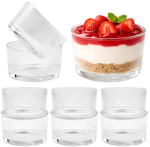 EFLUB Small Glass Dessert Bowls Set for 8, 6.5 oz ice Cream Bowls, Dishwasher Safe Stackable Glass Bowls, Vertical Stripe Design for Ice Cream, Pudding, Salad, Weddings, Birthdays & Daily Use