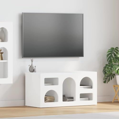 faucqel TV-Schränk Weiß aus Holzwerkstoff 80 x 35 x 40 cm mit 5 stabilen Regalen, vielseitiges TV Lowboard und Wohnzimmer Sideboard für Technik und Deko