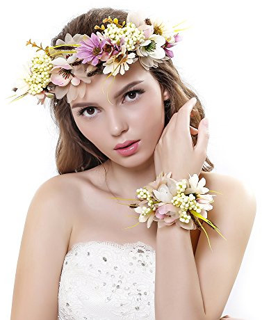 Frauen Mädchen Blumen Kranz Krone Haarband Girlande Floral Handgelenk Band Set für Hochzeit Gr. Einheitsgröße,