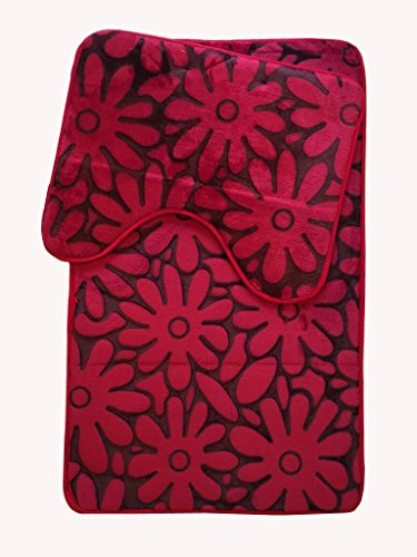 Bath Mat Set 2 Piece Non Slip Rubber Pedestal and Bath Mat Set Toilet Floral Bathroom Rug New (Black/Red)