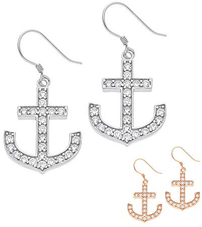 Treuheld® | 925 Silber OHRRINGE/Ohrhänger mit ANKER und KRISTALLEN - Strass Ohr-Hänger mit Zirkonia - Sterling - Kristall Ohr-Stecker zum Hängen in SILBER oder ROSE-GOLD [02.] - silber