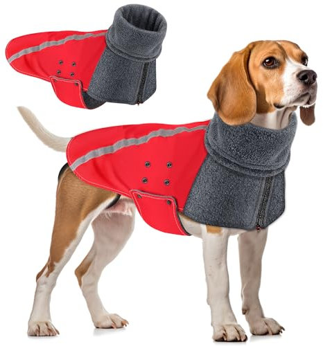 SlowTon Wintermantel für Hunde, Warmes Futter aus Polar Fleece Außenjacke für Hunde mit Rollkragenschal Reflexstreifen Einstellbar Wasserdicht Winddicht Welpenweste Weiches Haustier (M, Rot)