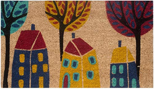 Paillasson d'Extérieur en Fibre de Coco avec Base Antidérapante en PVC, Tapis d'Extérieur Peint à la Main Facile à Nettoyer et Ultra-Résistant, Paillasson d'Entrée, Maisons Tons Jaunes 70x40 cm