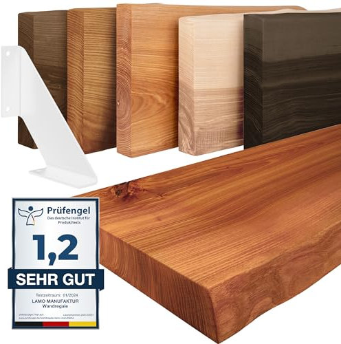 LAMO Manufaktur Wandregal Holz Baumkante | Regal Farbe: Dunkel | mit weißem Vintage Regalträger | 140 cm