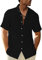 LVCBL Men's Shirt Summer Long Sleeve Linen Shirt with Pockets Casual Shirt Black M