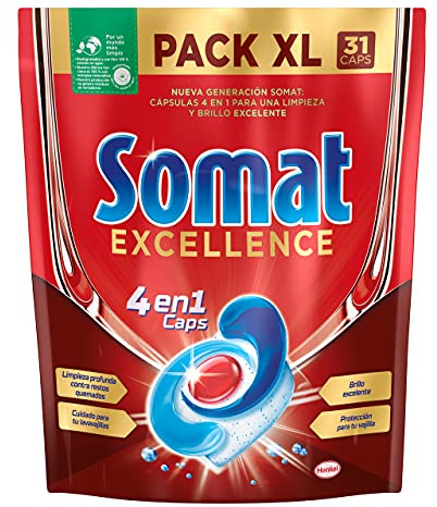 Somat Excellence 4en1 Caps (31 unidades), Detergente Lavavajillas de Disolución Rápida, Pastillas del Lavavajillas rn Envase Grande, Limpieza y Brillo Radiantes