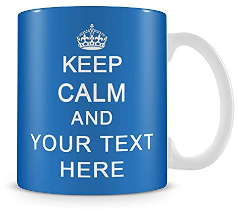 Giftme Personalised Keep Calm and Any Name/Text Birthday, Christmas, Secret Santa Coffee Tea Mug Unique 11oz White Ceramic Mug. (Light Blue)