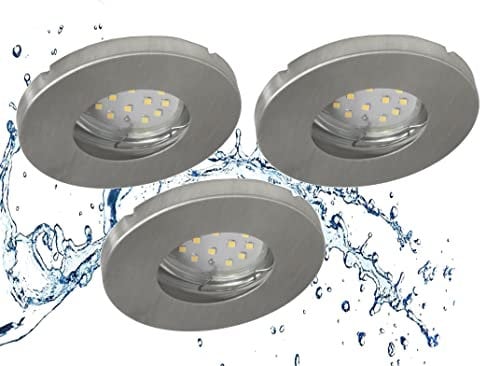 Trango 3er Set IP65 LED Einbaustrahler 6729IP65-039MO in Aluminium gebürstet inkl. 3x 5 Watt 3000K warmweiß Ultra Flach LED Modul für Bad, Dusche, Einbauspots, Deckenstrahler, Deckenlampe, Badleuchte