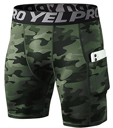 Yishengwan Pantaloncini Compressione Uomo Pantaloncini Fitness Asciugatura Rapida Leggings Palestra Corti Calzamaglia con Tasche Camo Verde XXL