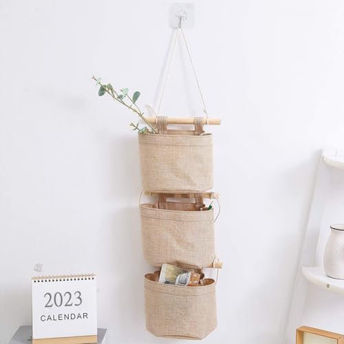 Nicoone Portaoggetti da Appendere,Portatutto con 3 Scomparti,Tasche Portaoggetti Lino Cotone da Appendere per Casa e Ufficio