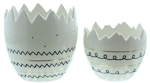 FRANK FLECHTWAREN Pflanzer Style, 2er Set, Moderne Osterdeko aus Porzellan, glänzend weiß lackiert mit grafischen Mustern in Schwarz und Gold, Maße: Ø 11 x 8 cm, Ø 12 x 11 cm