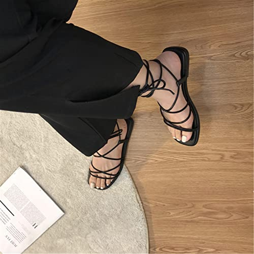 FOURTOC Sandali Donna con Lacci Basse da Spiaggia Mare Piscina Particolari Scarpe Eleganti Estive, Nero, US7.5/EU39