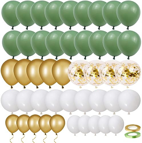 70 Stück Luftballons Olive Grün Gold Weiß Helium Luftballons Grüne Goldene Metallic Konfetti Latex Ballons Salbeigrüne für Hochzeit Baby Shower Geburtstag Abschluss Party Deko
