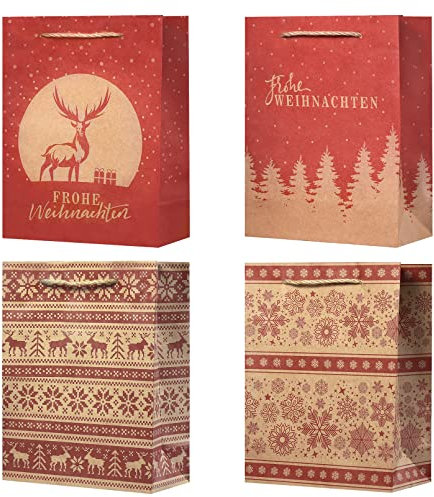 KOHMUI Geschenktüten Weihnachten, 12 Stück Weihnachtstüten mit Tragegriff, Geschenkverpackung Tüten aus Braun Kraftpapier, Rot Weihnachtstaschen zum Verpacken von Geschenken