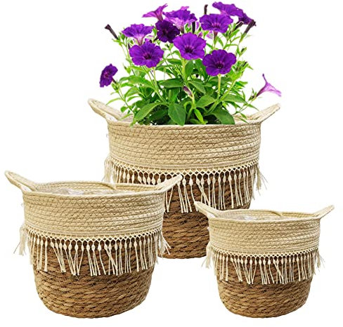 KMERCE 3pcs Cesto Vimini per piante con Manico, Cesta Piante Seagrass, Portavaso da interno, Decorazione Cestini di Piante Naturale, Ceste per Piante, Porta piante, Diametro 16cm, 18cm, 23cm