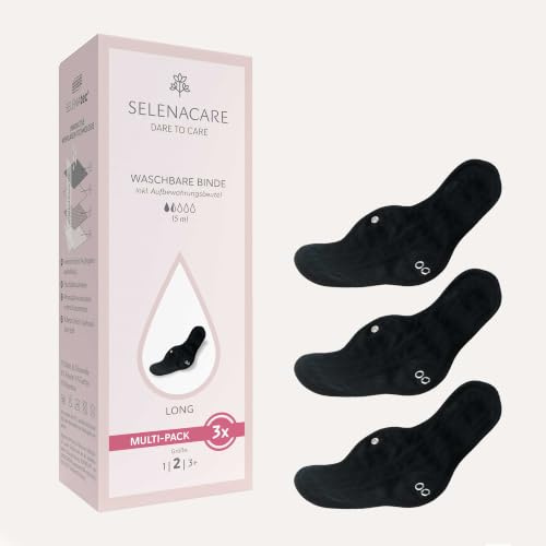 Selenacare Waschbare Binde (3er Multipack, Größe 2) mit Aufbewahrungsbeutel - antibakteriell & geruchshemmend, wiederverwendbare Binde für Damen, 100% vegan