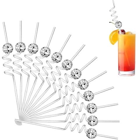 PTEG 12 Piece Mirror Disco Ball Decorative Straws - Glitter, Drinking Decor for Disco Party, Wedding, Birthday, Home Bar, Coffee Shop (Silver)