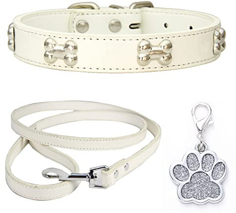 HALFSUMO Hundehalsband Leder Halsband Hundeleine Combo Set Hundehalsbänder Verstellbares Welpenhalsband für Kleine Mittelgroße Hunde Katzen Weiß XS
