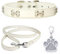 HALFSUMO Hundehalsband Leder Halsband Hundeleine Combo Set Hundehalsbänder Verstellbares Welpenhalsband für Kleine Mittelgroße Hunde Katzen Weiß XS