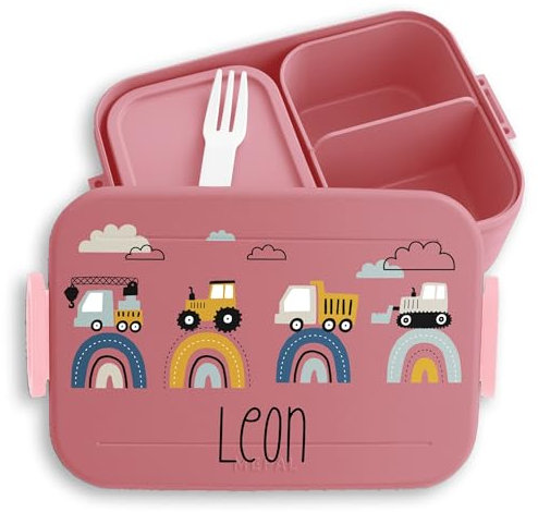 Kinder Bento Box Midi Lunchbox für Mepal Bentobox - Baustelle mit Name personalisiert Brotdose Bagger I Traktor I LKW I Kipper I Planierraupe I Kran - 900 ml - Rosa - butterbrotdose kindergarten