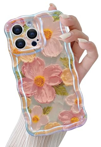 QLTYPRI Case for iPhone 13 Pro Max, Colorful Retro Oil Painting Flower Pattern Cute Curly Wave Frame Exquisite Phone Case for Girls Women, Shockproof Protective Phone Cover for iPhone 13 Pro Max-Green