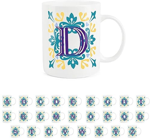 Purely Home Moroccan Tile Yellow & Blue Letter D Mug - White Initial Personalised Alphabet Tea Coffee Bone China Mug