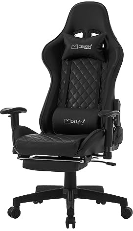 ML-Design Gaming Stuhl mit Fußstütze, Schwarz, Kunstleder, Ergonomischer Bürostuhl mit Armlehne, Kopfstütze, Lendenkissen, Drehstuhl verstellbar, Hohe Rückenlehne, Racing Gamer Stuhl Schreibtischstuhl
