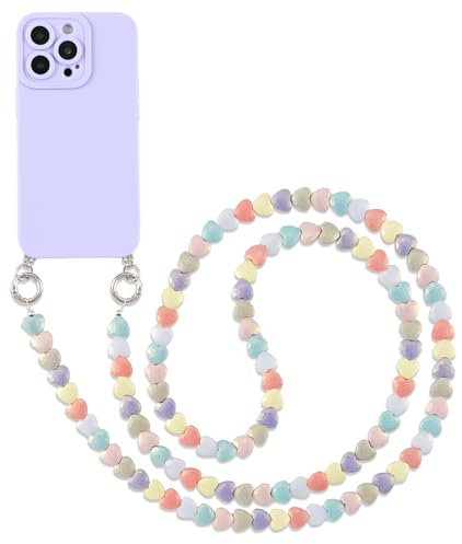 Pnakqil Coque avec Cordon pour iPhone 12 Pro 6.1 de Cœur Perles Corde Collier, Étui Silicone TPU Antichoc Bumper Housse avec Bijoux Cordage Crossbody Chaîne Lanyard Case, Violet