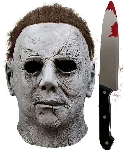 DEPHIE Michael Myers Mask with Knife, Adult Latex Michael Myers Face Cosplay Masks With Hair For Halloween Kills Scary Halloween Cosplay Costume Theme Party Props Movies 2022