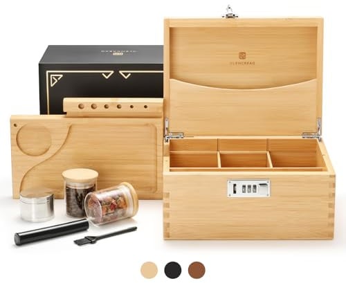 GLENCREAG Geruchsdichte Bambus Aufbewahrungsbox mit Rolltablett und Schloss | Geruchsdichte Bambusbox mit Schloss, Rolltablett, Glasdosen und Mühle, dekoratives Set als Geschenk für Männer und Frauen