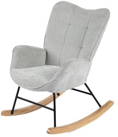 MEUBLE COSY Schaukelstühle Schaukelsessel Schwingstuhl Sessel mit Armlehnen und gepolsterter Sitzfläche für Wohnzimmer Schlafzimmer, Balkon, Metallgestell und Holzkufen, Stoff, Grau, 62x75x87cm