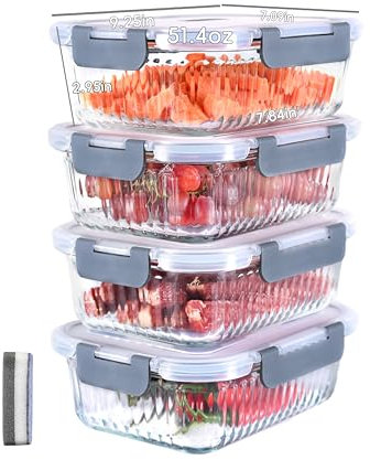 IUGHN 1520ml Glass Food Storage Containers 4Pcs, Meal Prep Containers With Non-Slip Texture, Airtight Lids, BPA-Free, Gray