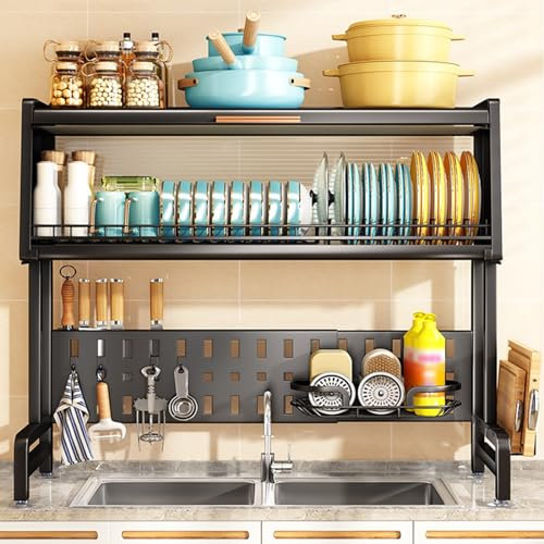 Séchoir a Vaisselle Au-dessus de L'évier Évier de Cuisine Shlef Organisé avec Porte-ustensiles a 2 Niveaux Grand Support en Acier au Carbone Rangement de Comptoir Longueur Extensible 23.2-33 ( Color