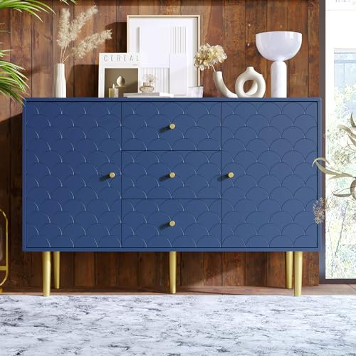 HYUB Sideboard Kommode 130x40x83cm Anrichte mit Glastüren Goldene Verzierungen mit 3 Schubladen und 2 Türen, Moderne Beistellschrank Schrank Mehrzweckschrank Flurschrank, Wohnzimmer, Esszimmer,Blau