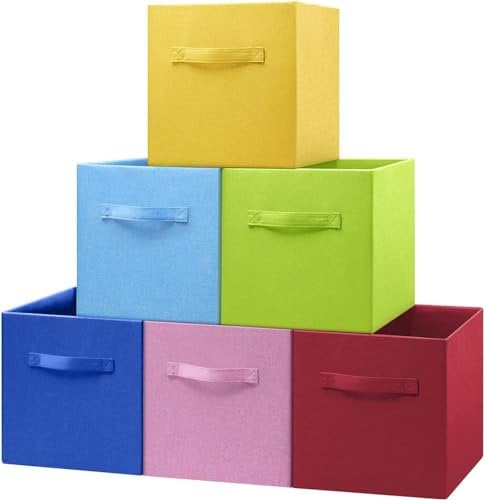 BinWhiz 6 Pack 28x28x28 cm Fabric Storage Organizer Bins, Foldable Cube Container Box for Shelves, Closet, Wardrobe, Bookcase, Drawers, Home Deco (Multi-color)