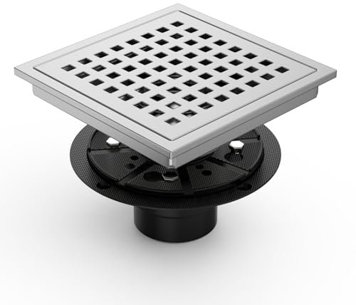 Premium 6 Inch Square Shower Floor Drain with Flange for Drainage - Quadrato Pattern Removable Grate, Matte Black Food-Grade SUS 304 Stainless Steel