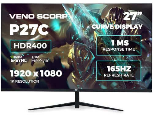 VENOSCORP 27 Inch Gaming Monitor, FHD 1080p 165hz, 1MS, Desktop Monitor, FreeSync, G-Sync, Eye Care Bezel HDMI VGA Ports LED Monitor for PC, Black, P24G