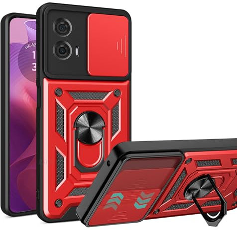 ESTH® Coque pour Motorola Moto E14/Moto G24/G04/G04s avec Lentille Coulissante Couverture et Support Rotatif, Anti-Chute Étui Housse Compatible avec Support De Voiture Magnétique, Rouge
