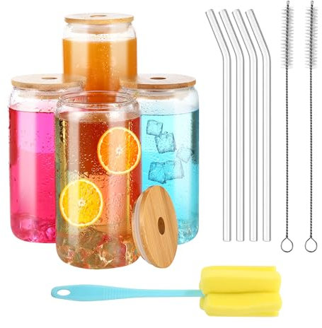 LCXCXY Packung mit 4 trinkgläser mit deckel, 500 ml gläser mit deckel und strohhalm, glas mit deckel und strohhalm, kann als cola becher, saftbecher, cocktailbecher, kaffeebecher verwendet werden