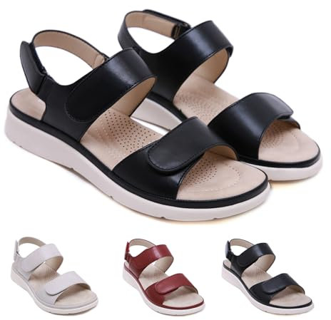 Sandales de marche femme été confortable orthopédique cuir, Chaussure orthopédique femme pied large avec scratch ete Chaussures de Plage Anti-dérapant Respirant Sandales(Size:EU 38,Color:Black)