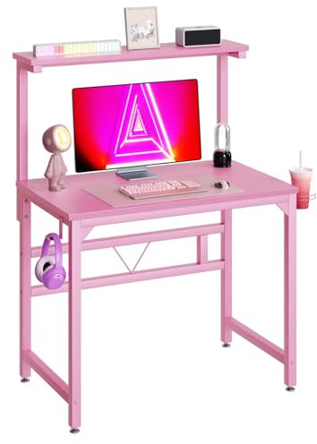 TREETALK Gaming Desk,80CM Industrial Writing Desk with Height Adjustable Monitor Stand to 5 Position(84.5-120cm), PC Laptop Workstation with Cupholder and Headphone Hook for Home Office (Pink)