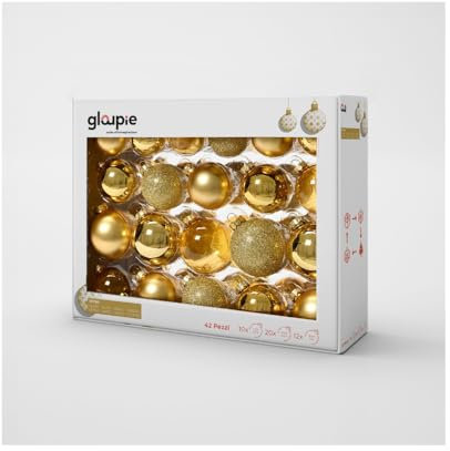 GLOUPIE Confezione 42 Palline Per Albero Di Natale In Vetro Resistente Oro, 3 Misure Ø 7, 6, 5 cm, Ideali Per Decorare Qualsiasi Albero Natalizio, Finiture Lucide, Trasparenti, Opache E Glitter