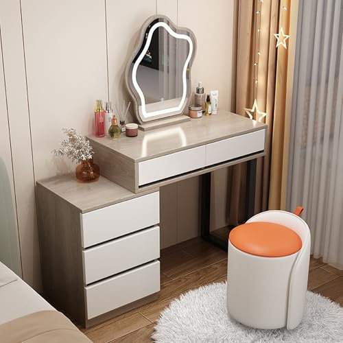FUKEFUZ Schminktisch mit Spiegel und Beleuchtung, Schminktisch mit Hocker, Links und rechts austauschbarer Seitenschrank, Aufbewahrungs schublade, Stuhl, für Schlafzimmer, Holzgrau(B,31.5in)