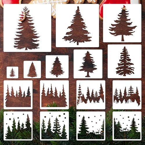 JarThenaAMCS Weihnachtsbaum-Schablonen, verschiedene Tannenbäume, Schablonen, wiederverwendbar, Kunststoff, Zeichnen, Malvorlage für Weihnachten, Winter, DIY, Kunst, Handwerk, Malerei auf Holz, 16