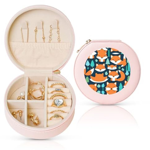 Fox Forest Schmuckkästchen mit Aufschrift Happy Cut, Reise-Schmuck-Organizer, für Damen, für Halsketten, Ohrringe, Ringe, Accessoires, Aufbewahrung (rosa, rund)