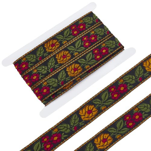 FINGERINSPIRE 5 m Langes Blumenband Mit Stickerei Im Ethnischen Stil 32mm Breit Schwarzes Jacquardband Mit Blumenstickerei Jacquardband Im Vintage Stil Gewebte Borte Für Heimwerker Basteln Nähen