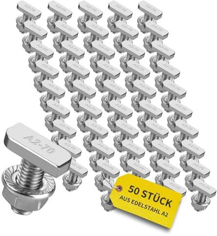 Avoltik 50x Hammerkopfschrauben M8 I 20 mm Edelstahlschrauben mit montageschienenschmuttern I Schrauben aus A2 Edelstahl für Solarmodul-Befestigung I M8 Schrauben inkl. Muttern zur PV-Modul Montage